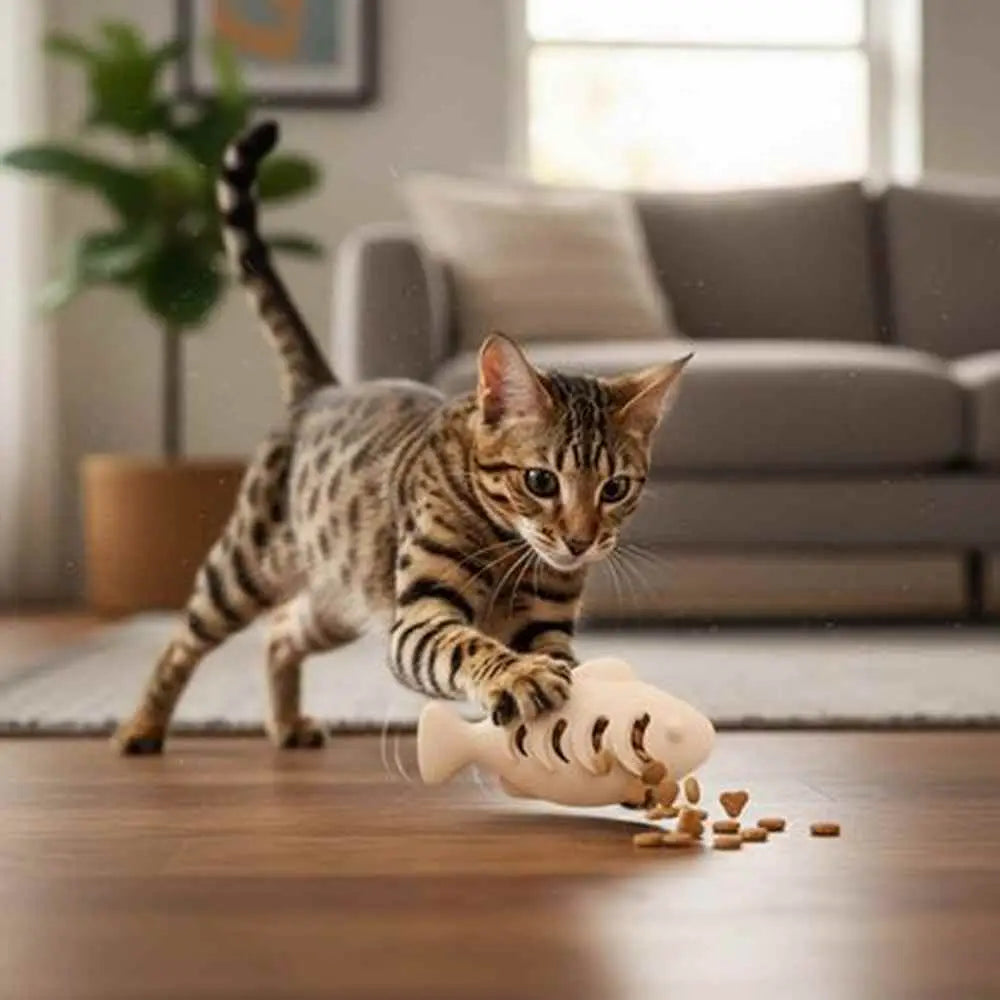 Jouet poisson distributeur de friandises pour chat, poisson beige sur plancher.