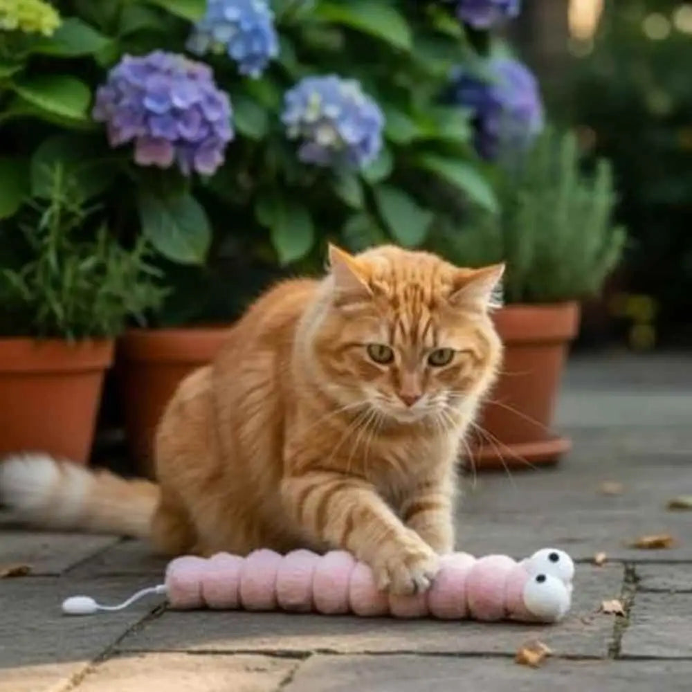 Jouet pour chat chenille en peluche rose, segments et petite tête blanche.