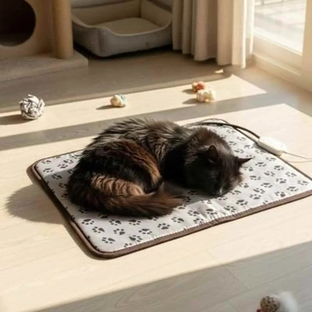 Tapis pour chat gris clair à motif pattes, bordure sombre, chat noir et fauve endormi.
