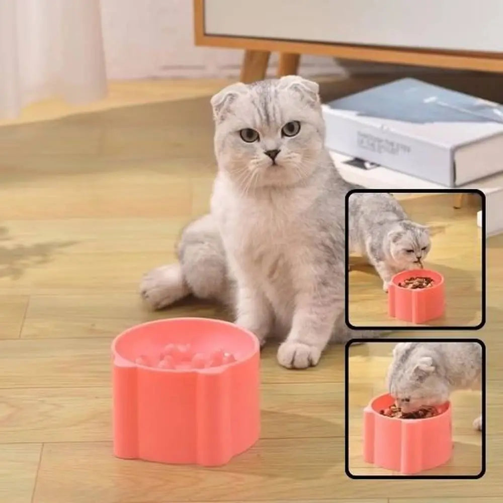 Gamelle anti-glouton pour chat rose, bol rond avec reliefs, avec nourriture