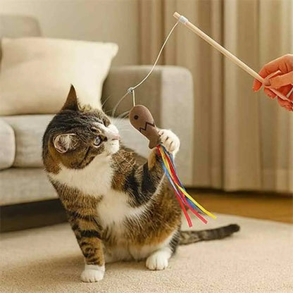 Canne à pêche pour chat : canne en bois, fil et souris tissu brune, rubans colorés