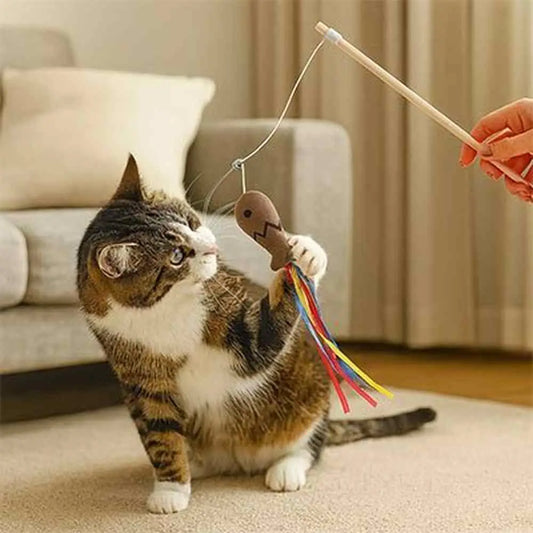 Canne à pêche pour chat : canne en bois, fil et souris tissu brune, rubans colorés