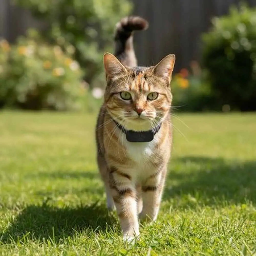 Collier GPS pour chat noir sur chat tigré, face avant sur pelouse.