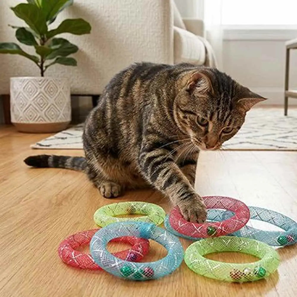 Jeu de bagues en tissu pour chat : anneaux multicolores, un chat joue