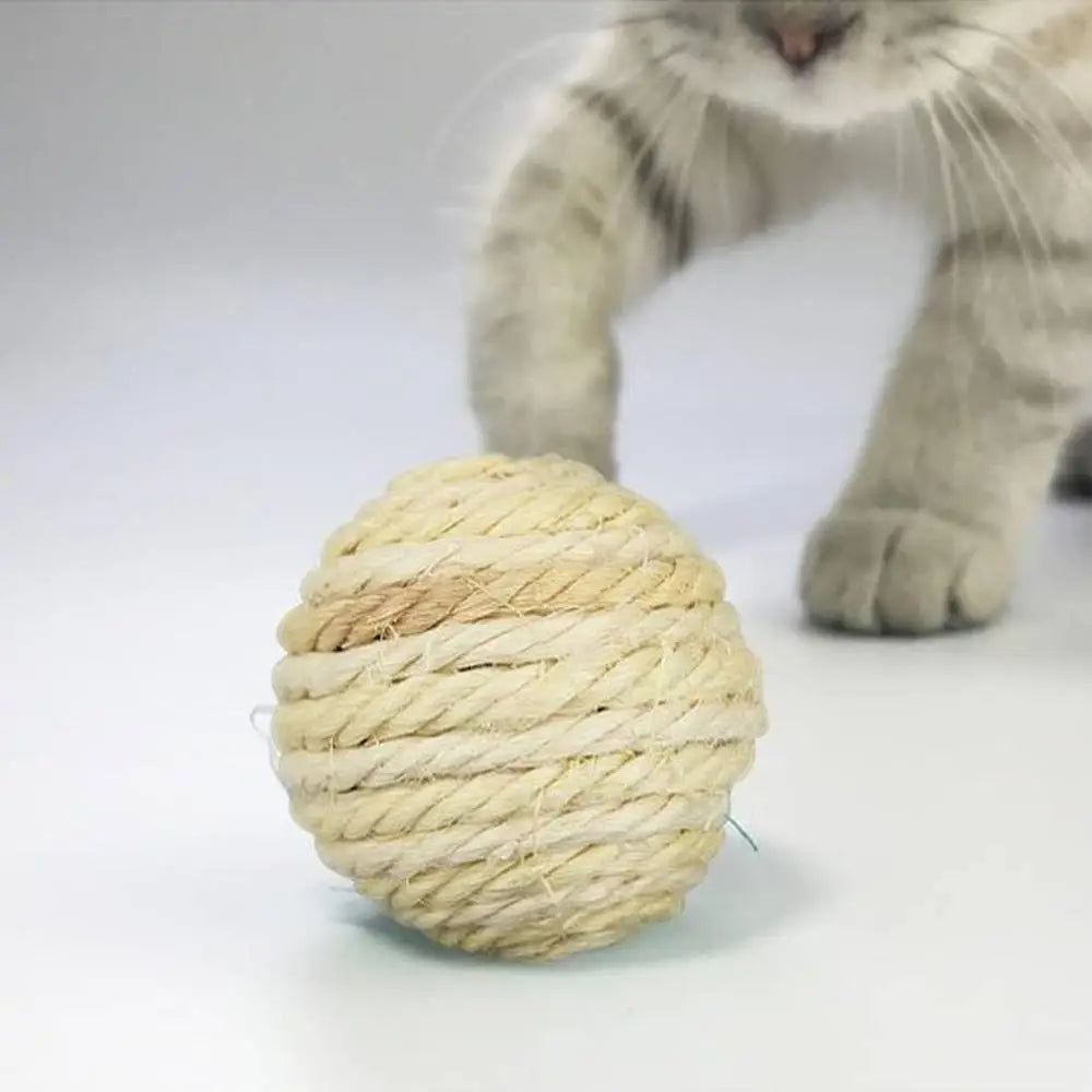 Balle pour chat en corde tressée jaune clair, une boule près d’une patte