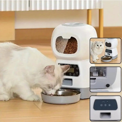 Distributeur automatique de croquettes pour chat blanc, trappe ouverte au-dessus du réservoir.