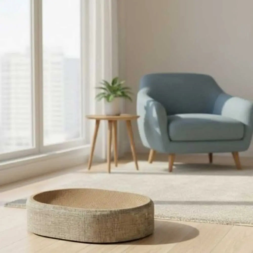 Griffoir ovale 2-en-1 en tissu beige, petit couchage rond pour chat