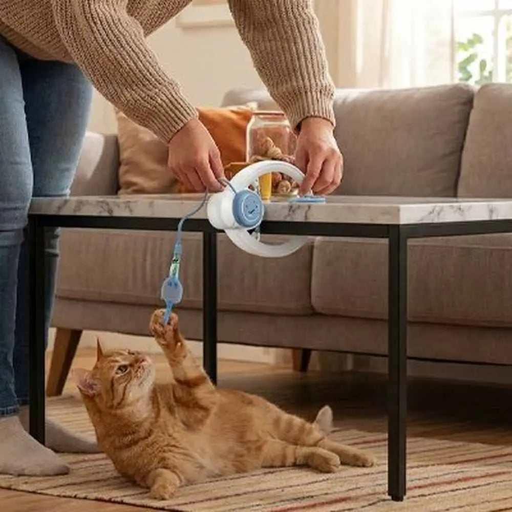 Jeu interactif pour chat avec disque circulaire blanc et ficelles bleues, chat orange