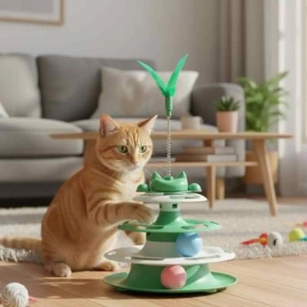 Jeu interactif chat Stimu-Félin vert, plume sur base à étages, boules