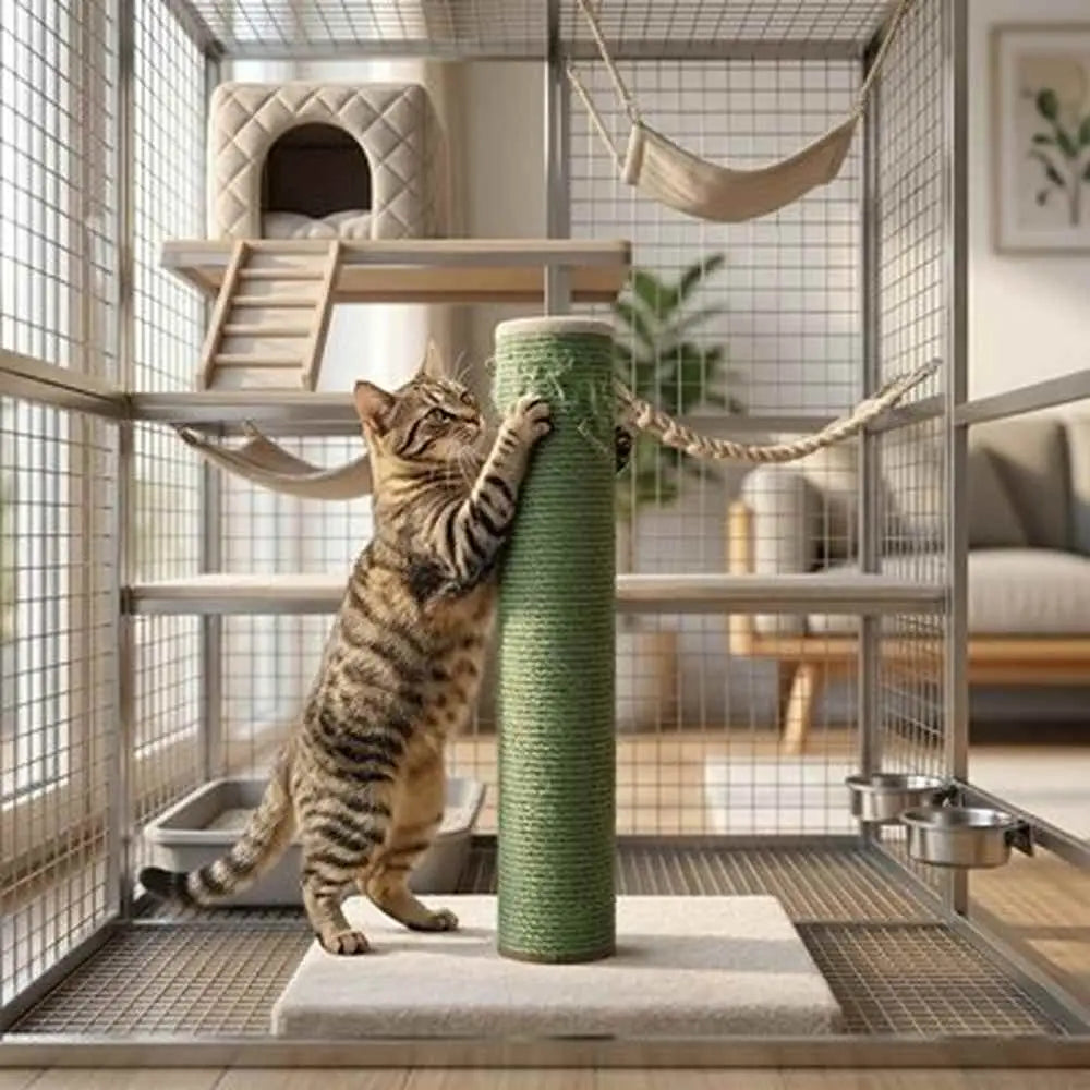 Griffoir pour chat vert en sisal, poteau droit avec base ronde sur support stable.