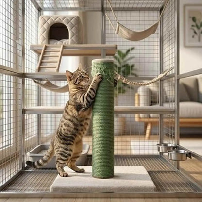 Griffoir pour chat vert en sisal, poteau droit avec base ronde sur support stable.