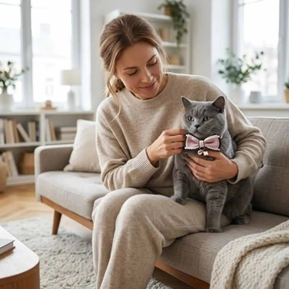 Collier pour chat rose avec nœud et petite plaque décorative