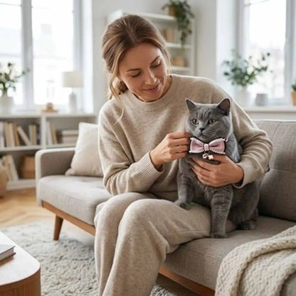 Collier pour chat rose avec nœud et petite plaque décorative