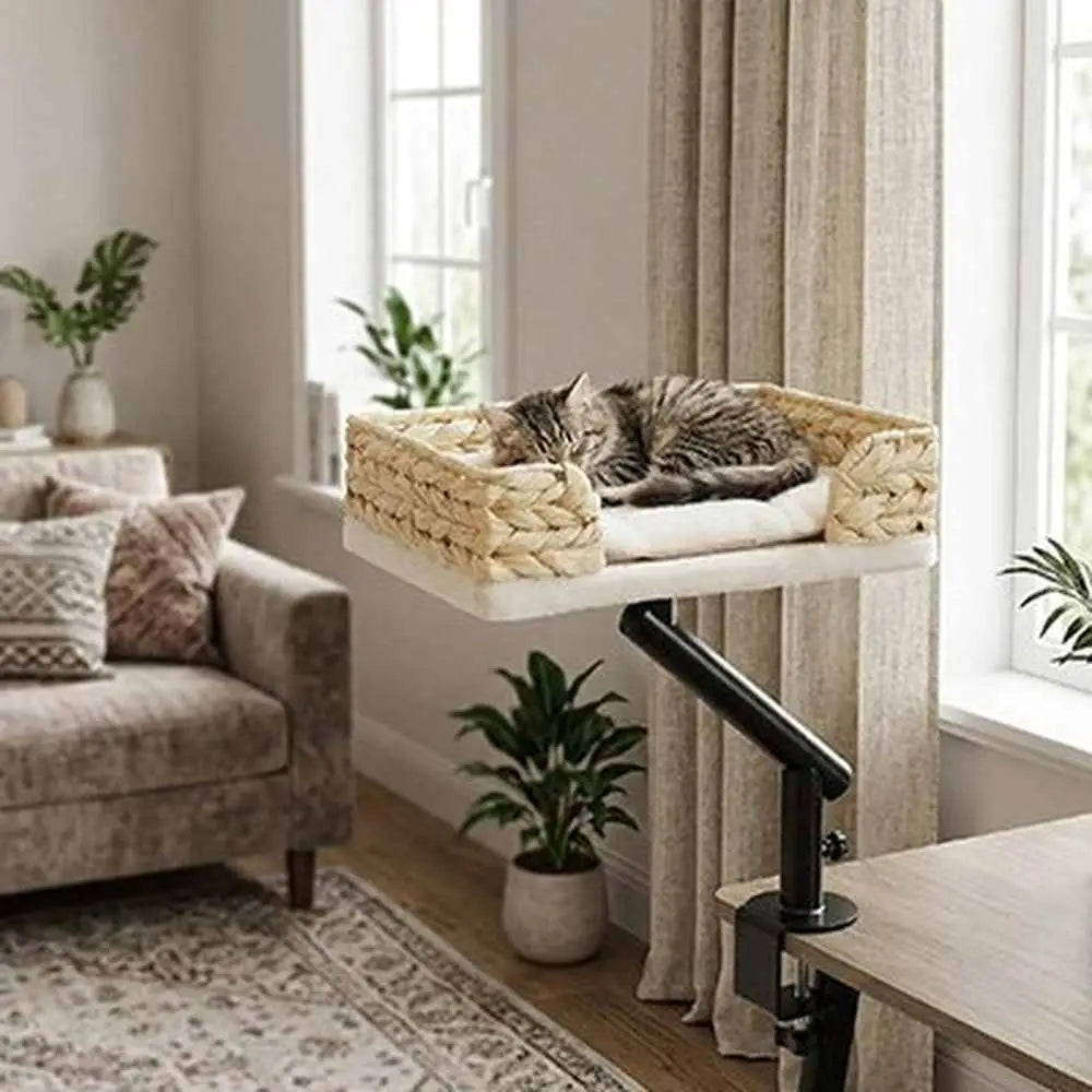 Panier pour chat tressé beige avec coussin blanc, chat allongé