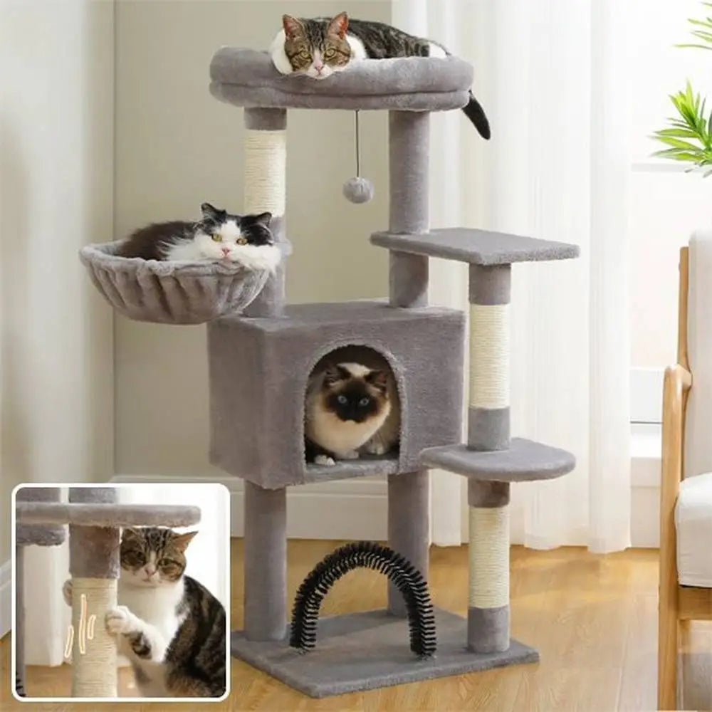 Arbre à chat compact multi-niveaux gris avec boule pendante, hamac, niche et griffoir arche