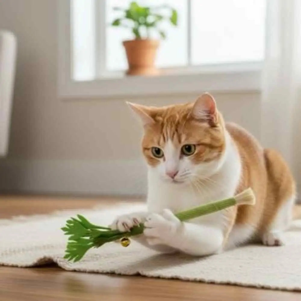 Bâton à mâcher pour chat vert avec petites feuilles et clochette dorée