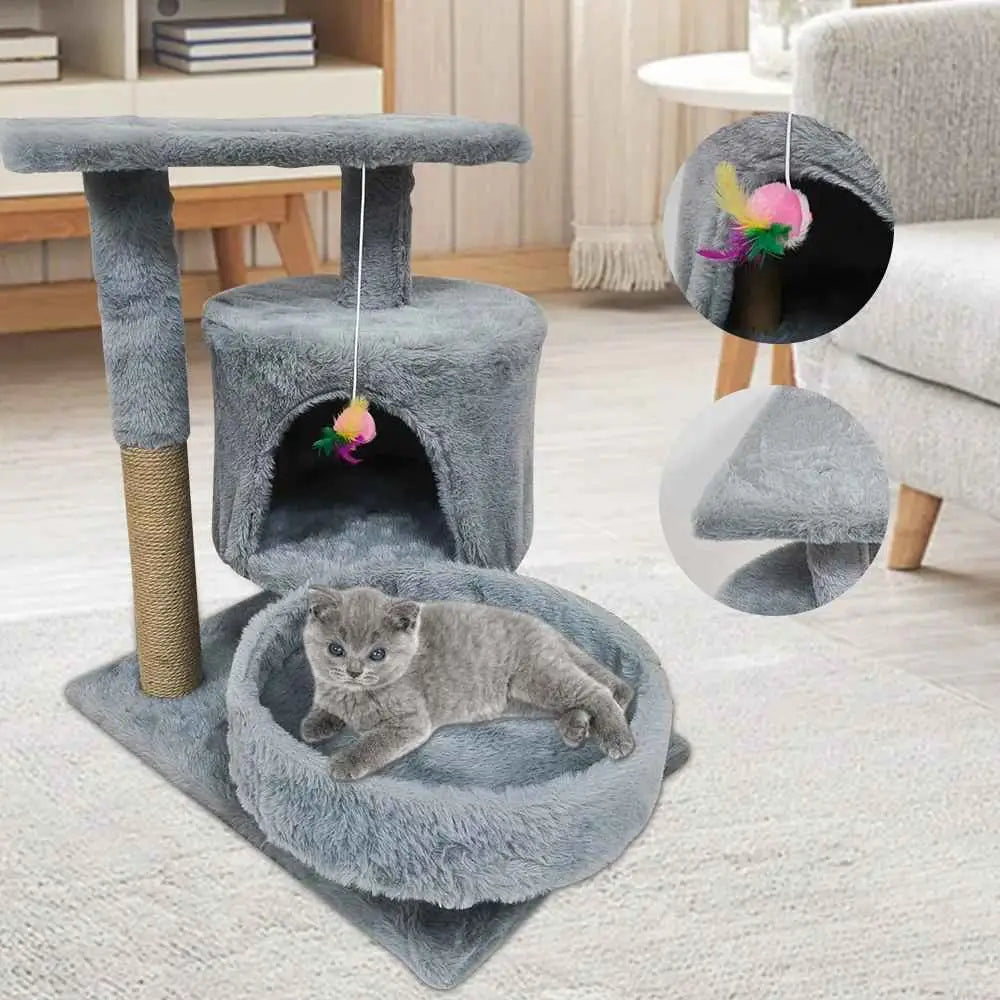Petit arbre à chat le cocon gris avec jouet plume: niche, coussin rond et plateforme.