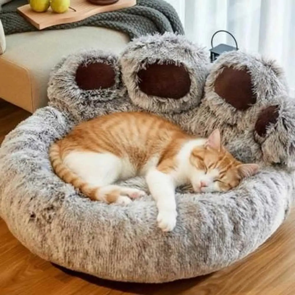 Panier pour chat rond moelleux gris, ouvertures en forme de pattes