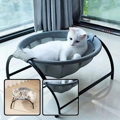 Hamac pour chat gris à bord arrondi, cadre noir, chat blanc allongé