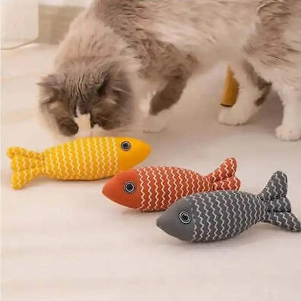 Jouets pour chat en peluche poisson zigzag jaune, orange et gris, yeux ronds
