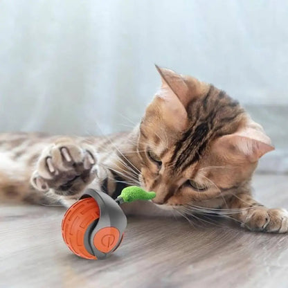 Balle interactive pour chat rouge et grise avec languette verte
