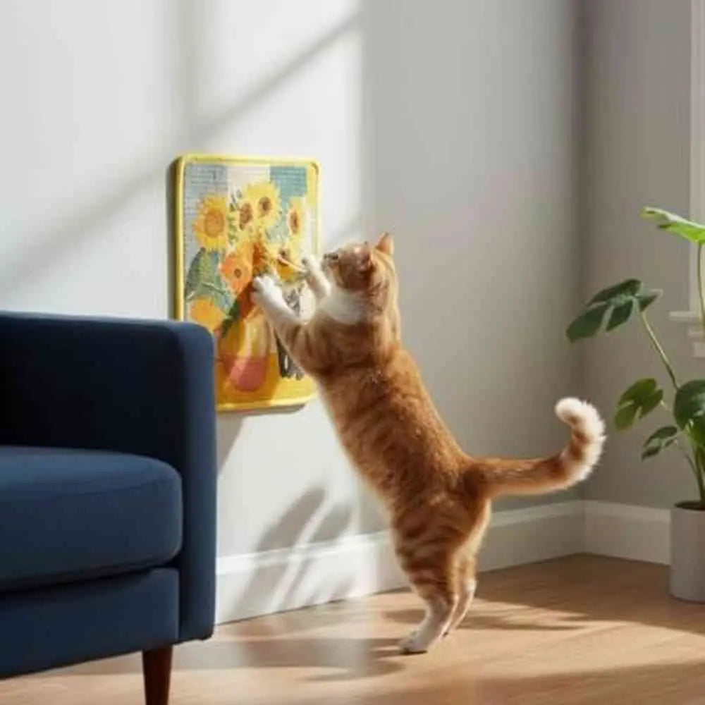 Griffoir pour chat mural carré, cadre jaune et motif fleurs; chat roux lève la patte.