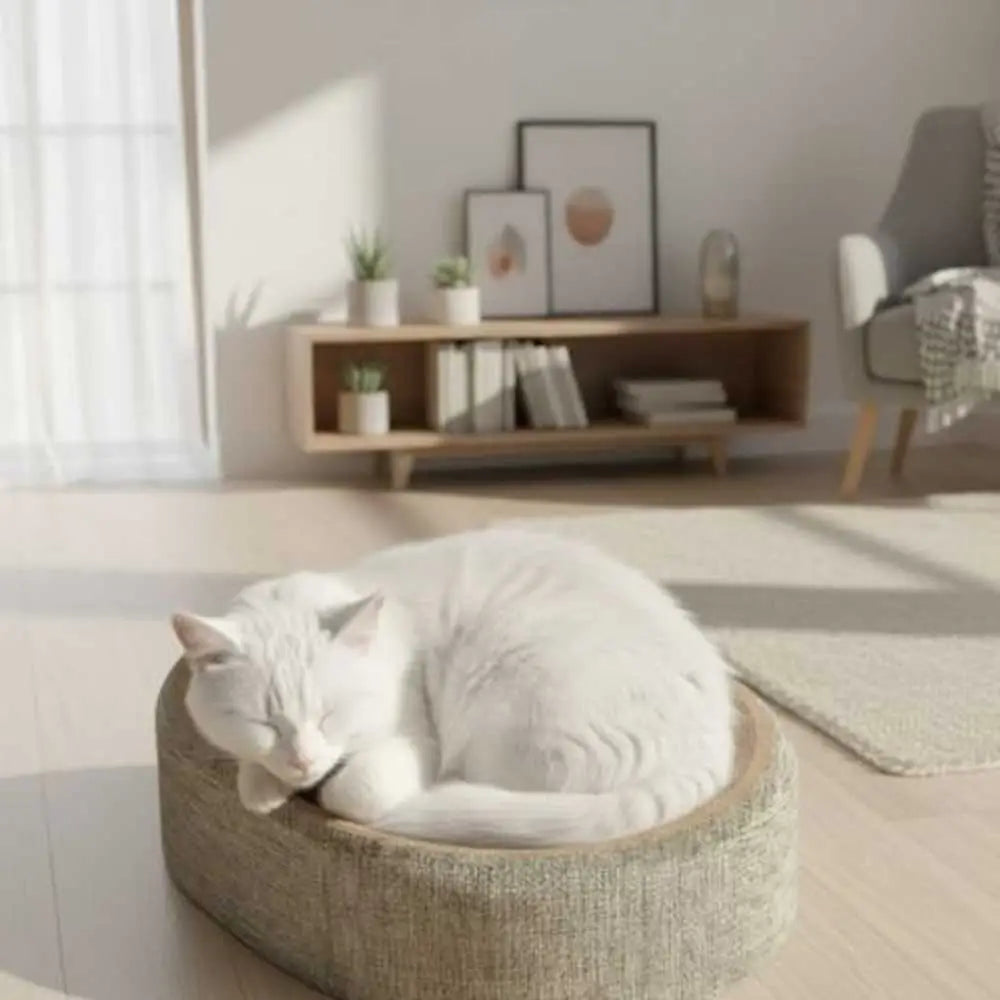 Griffoir ovale 2-en-1 en tissu beige, corbeille pour chat avec coussin intérieur
