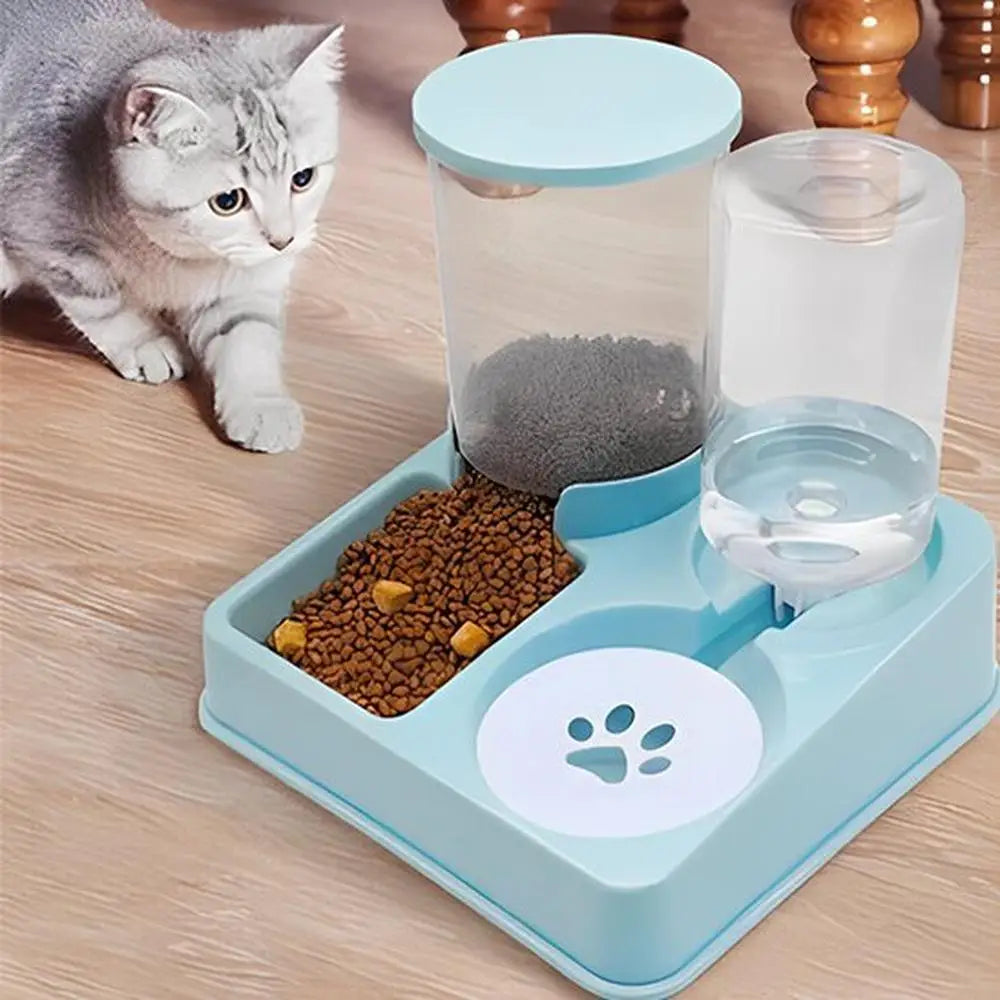 Distributeur de croquettes pour chat bleu clair, bol à motif patte et trémies