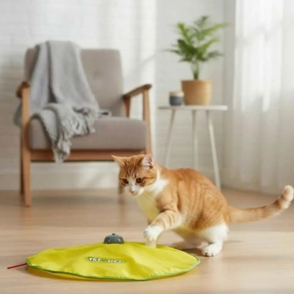Tapis de jeu jaune pour chat avec balle grise et petit élément sur le devant