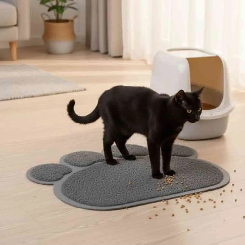 Tapis de litière pour chat en forme de pattes, gris foncé