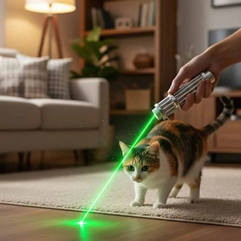 Jouet interactif pour chat : lanceur laser à main, faisceau vert sur le sol