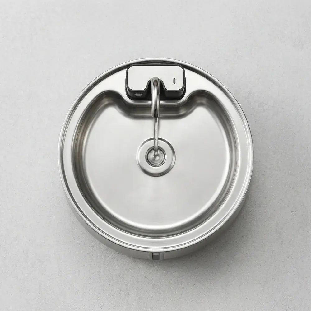 Fontaine à eau inox pour chat, couvercle circulaire avec insert central et ouverture de pompe