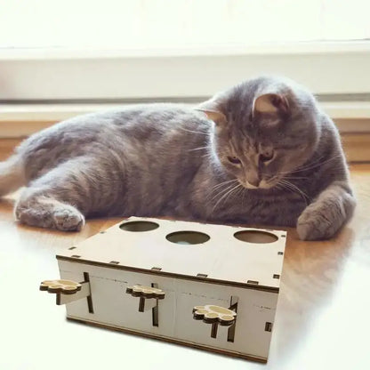 Jouet interactif CatWhack™ en bois clair, chat posé dessus, devant les trous