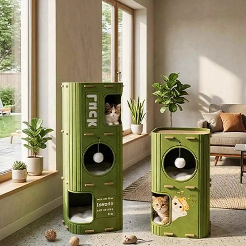 Niche pour chat cube vert, ouverture ronde et compartiment intérieur