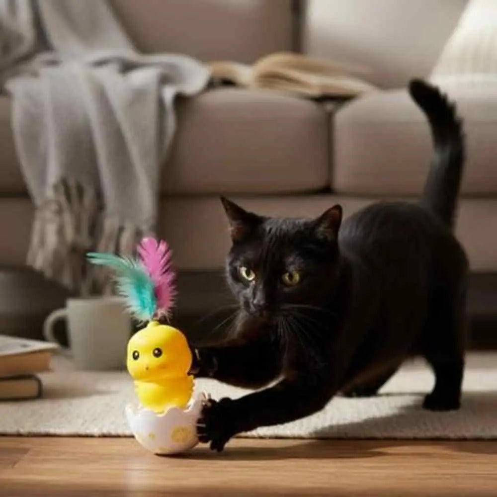 Jeu interactif pour chat : jouet poussin jaune à plumes multicolores sur base blanche.