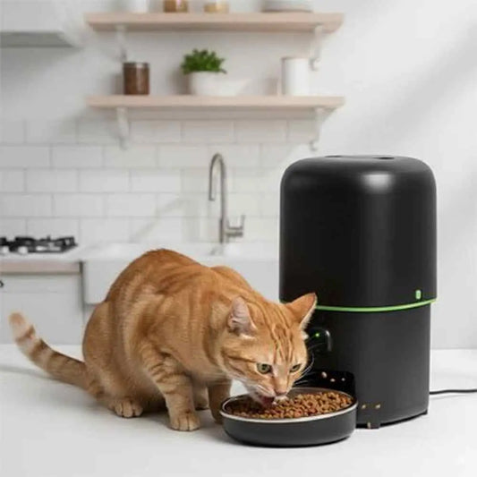 Distributeur automatique de croquettes pour chat noir, bol amovible et bande verte