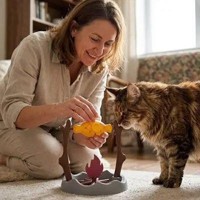 Mangeoire interactive pour chat avec base grise et jouet jaune, chat tigré à côté