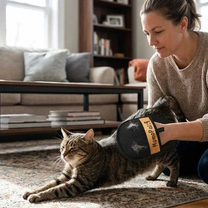 Gant de toilettage noir avec étiquette jaune, brossage d’un chat sur tapis.