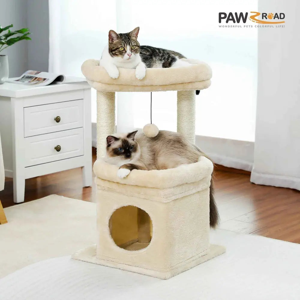 Tour à griffer en peluche beige avec plateforme supérieure, niche et poteaux à griffer.