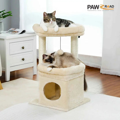 Tour à griffer en peluche beige avec plateforme supérieure, niche et poteaux à griffer.