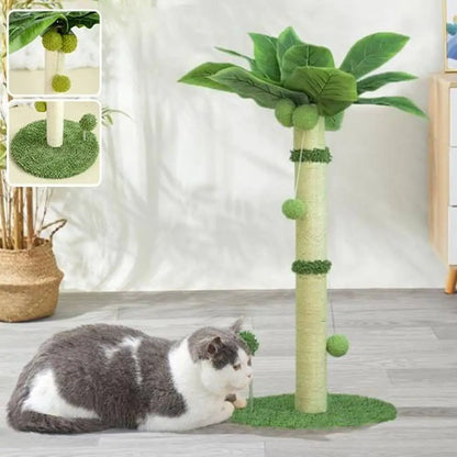 Griffoir pour chat avec poteau crème, base verte et feuilles vertes sur le dessus