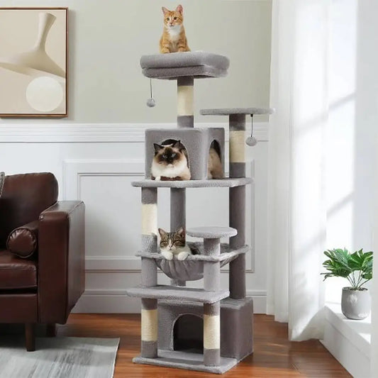 Arbre à chat multi-niveaux gris : plateformes, hamac et boules pendantes