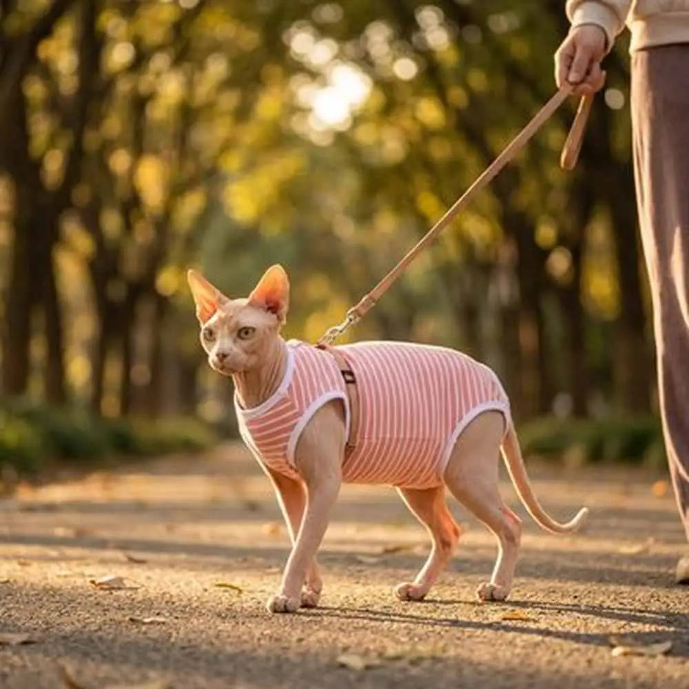 Body post-opératoire pour chat à rayures roses, sans manches, emmanchures visibles