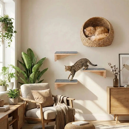 Arbre à chat mural : panier ovale en osier et trois plateformes murales
