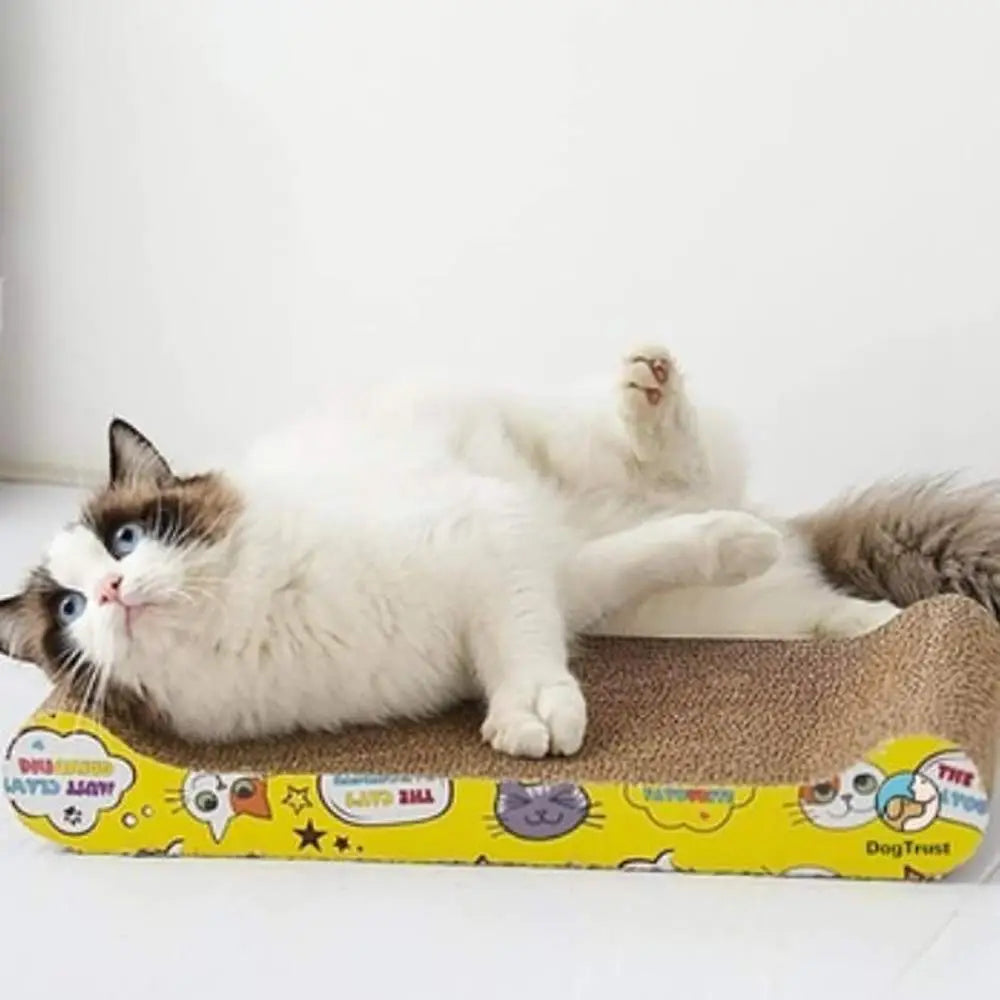 Griffoir pour chat au design moderne, surface à gratter grise et bord jaune à motifs