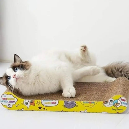 Griffoir pour chat au design moderne, surface à gratter grise et bord jaune à motifs