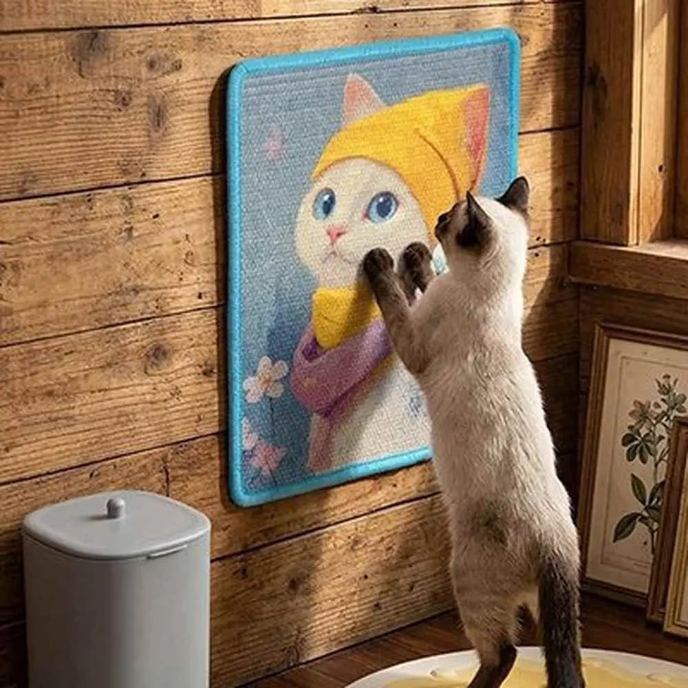 Tapis griffoir pour chat sur mur en bois, bord bleu turquoise, illustration de chat