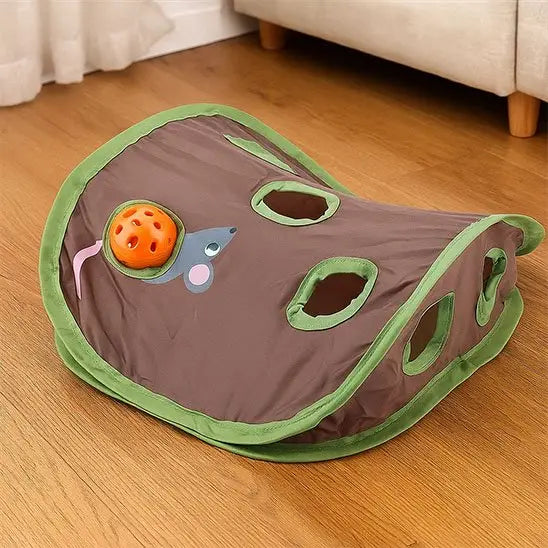 Tente de jeu pour chat brune et verte avec longue ouverture latérale et balle orange