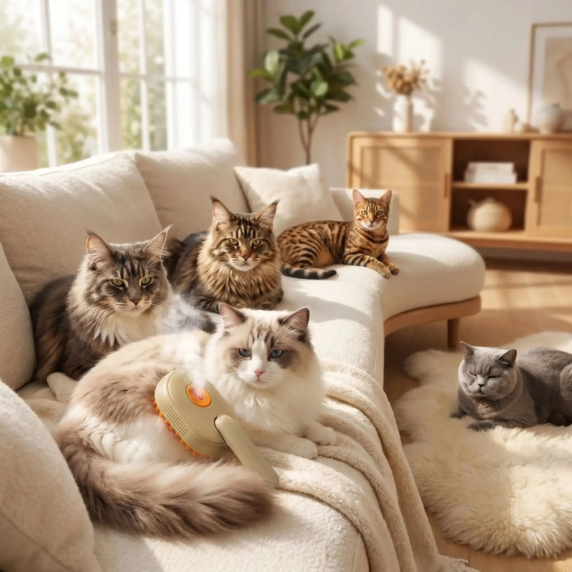 Brosse pour chat 3-en-1 avec tête orange et picots, tenue au-dessus du pelage