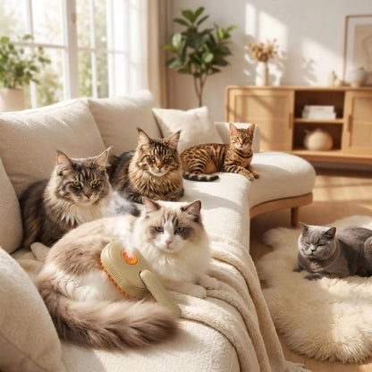Brosse pour chat 3-en-1 avec tête orange et picots, tenue au-dessus du pelage